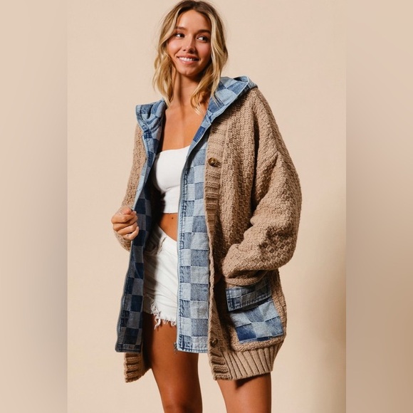Anthropologie Jackets & Blazers - Beige brown washed checkered plaid cable knit denim trim zip sweater coat jacket